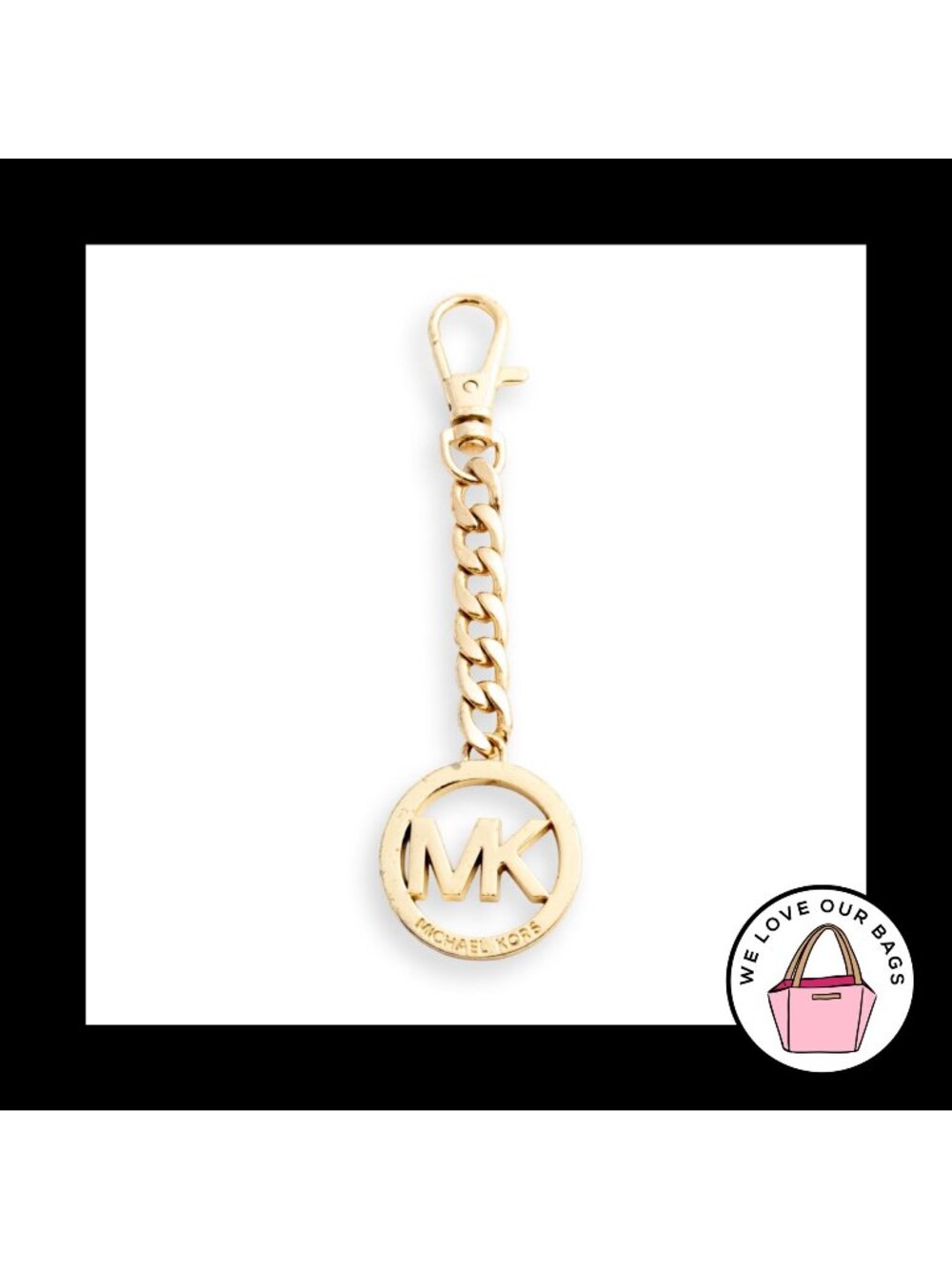 MICHAEL KORS Bag Charm Hang Tag MK Logo Chain Gold Brass Metal Keychain Fob